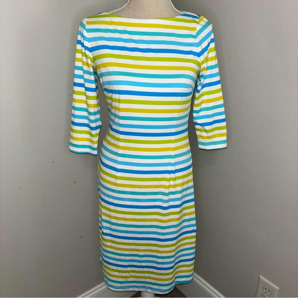 J McLaughlin blue & green striped 3/4 sleeve stretch jersey dress size XS